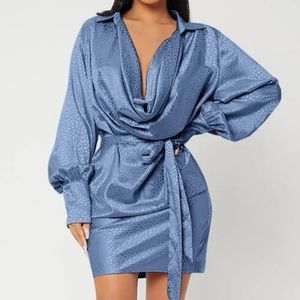 Draped collar belted satin dress